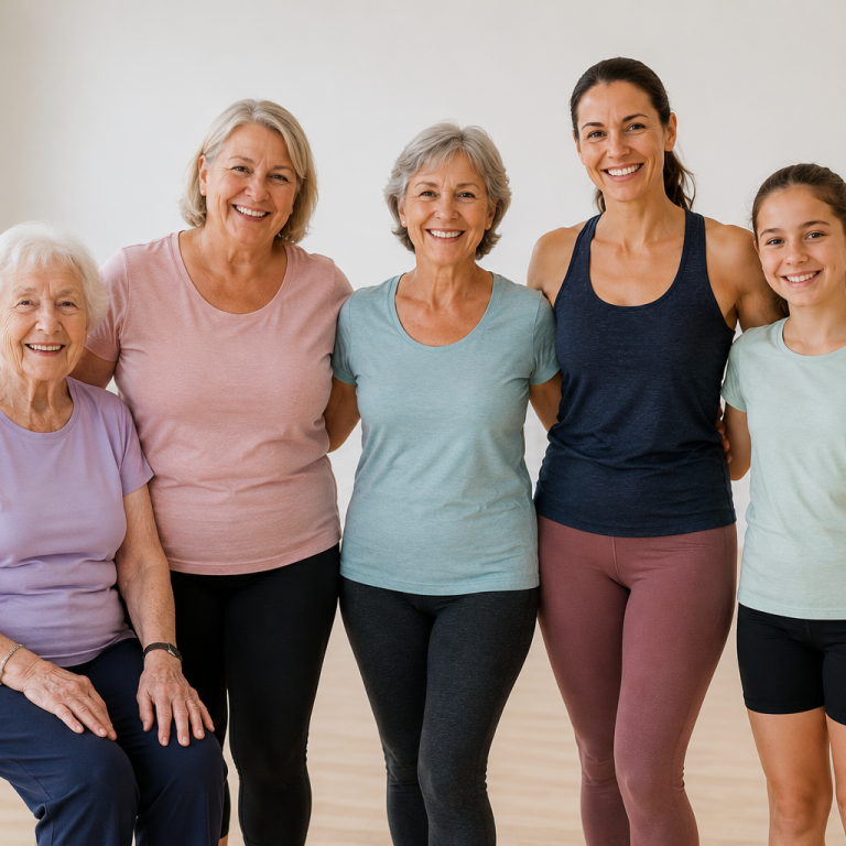 Cinq femmes de différents âges posent ensemble, souriantes, en tenue de yoga.