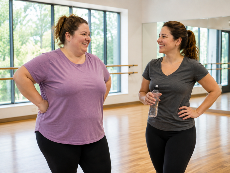 Deux femmes souriantes discutent dans un studio de danse lumineux.