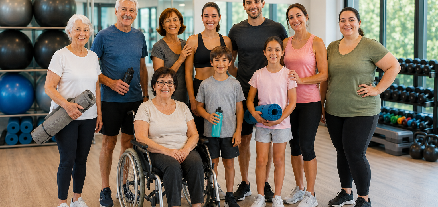 Groupe diversifié de personnes en tenue de sport dans une salle de gym.