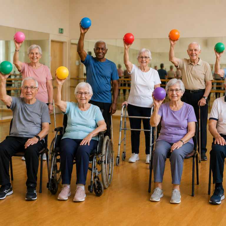 Groupe de personnes âgées tenant des ballons en couleurs, souriantes en salle de sport.