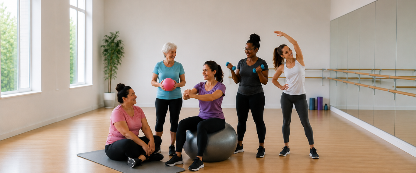 Cinq femmes dans une salle de sport, s’exerçant avec des accessoires de remise en forme.