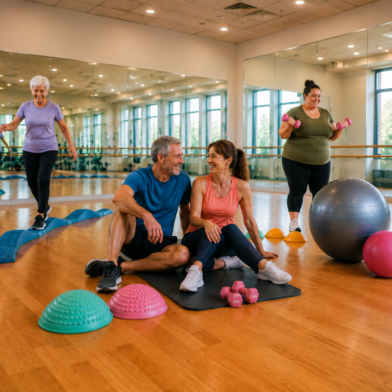 Groupe diversifié de personnes faisant de l'exercice dans une salle de sport.