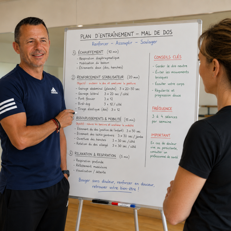 Un entraîneur explique un programme d'exercice à une participante. Tableau blanc en arrière-plan.