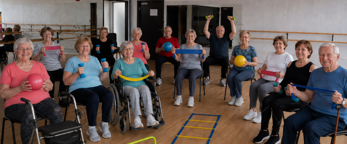Groupe de seniors participant à une séance d'exercice en salle, souriants et actifs.