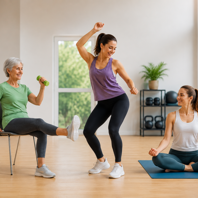Trois femmes s'exercent dans une salle de sport avec des poids et des postures de yoga.